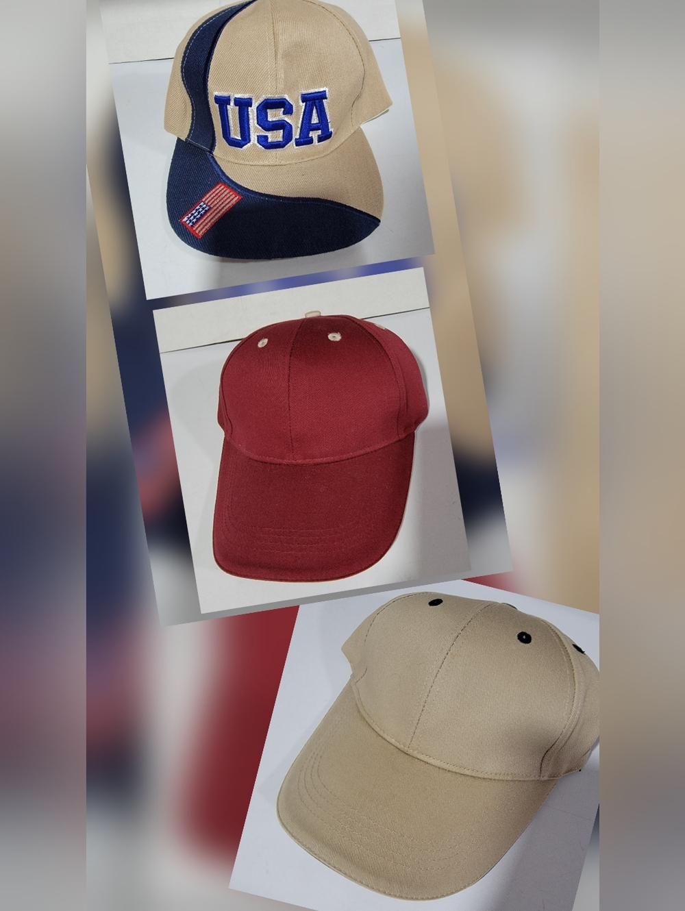 USA Hat + 2 Plain Baseball Caps - Tan & maroon. In excellent condition. $5 each